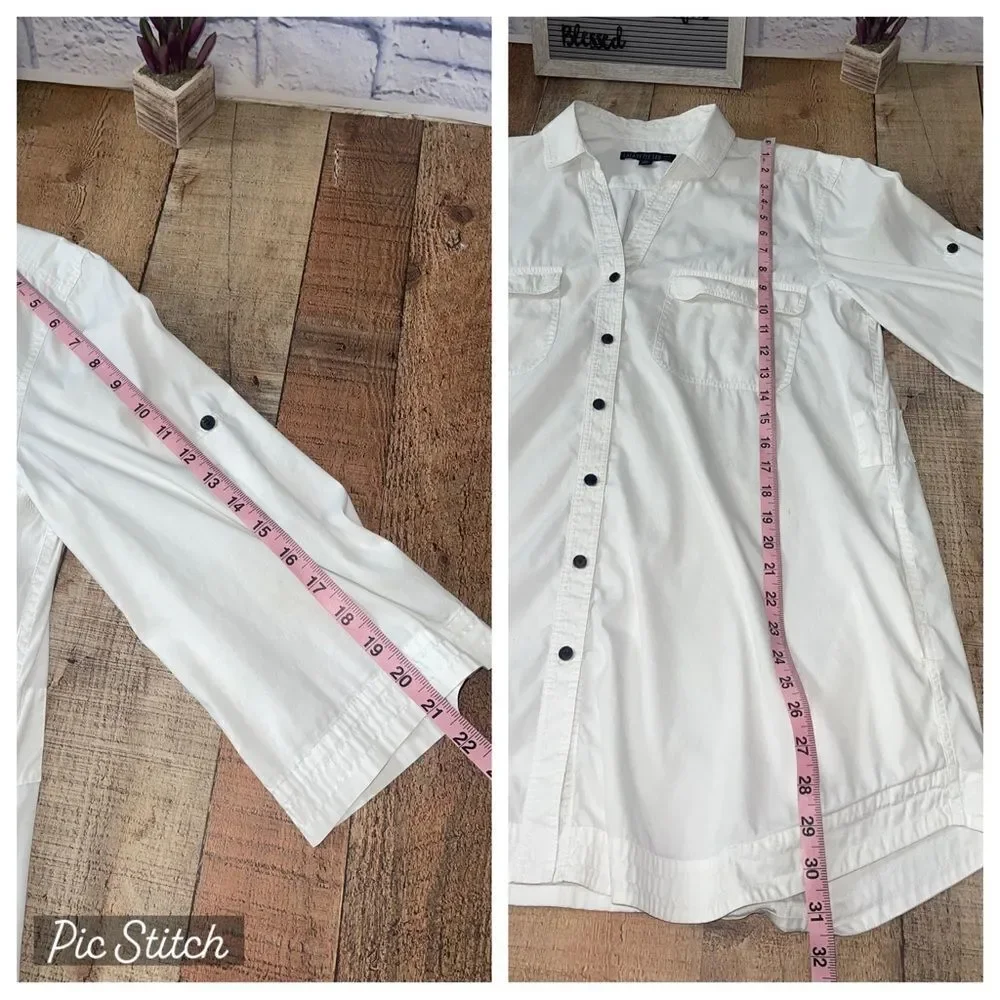 Lafayette 148 white button down shirt pockets 3/4 sleeve roll tab - Picture 8 of 13